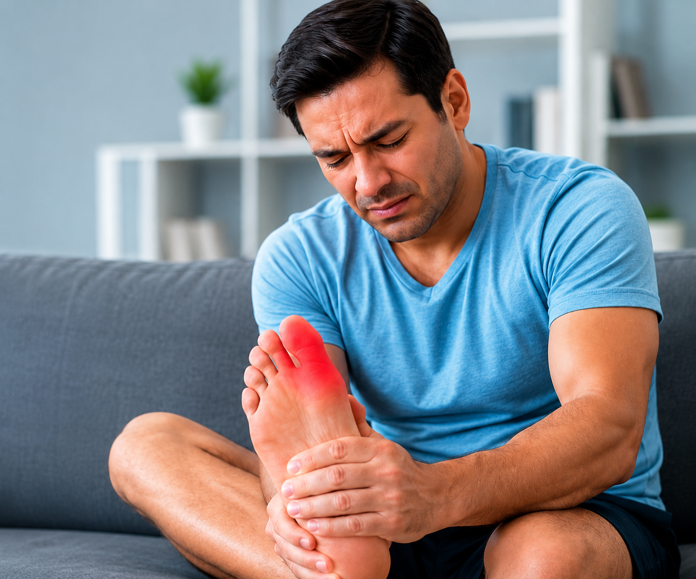 Man experiencing gout pain in his foot at home